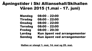 Åpningstider mai-juni 2015