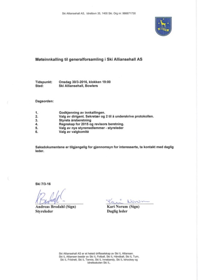 Invitasjon til generalforsamling Ski Alliansehall 2016